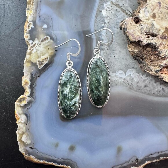 Sterling Southwestern Style Elongated Oval Serpentine Dangle Earrings For Women - Picture 2 of 10